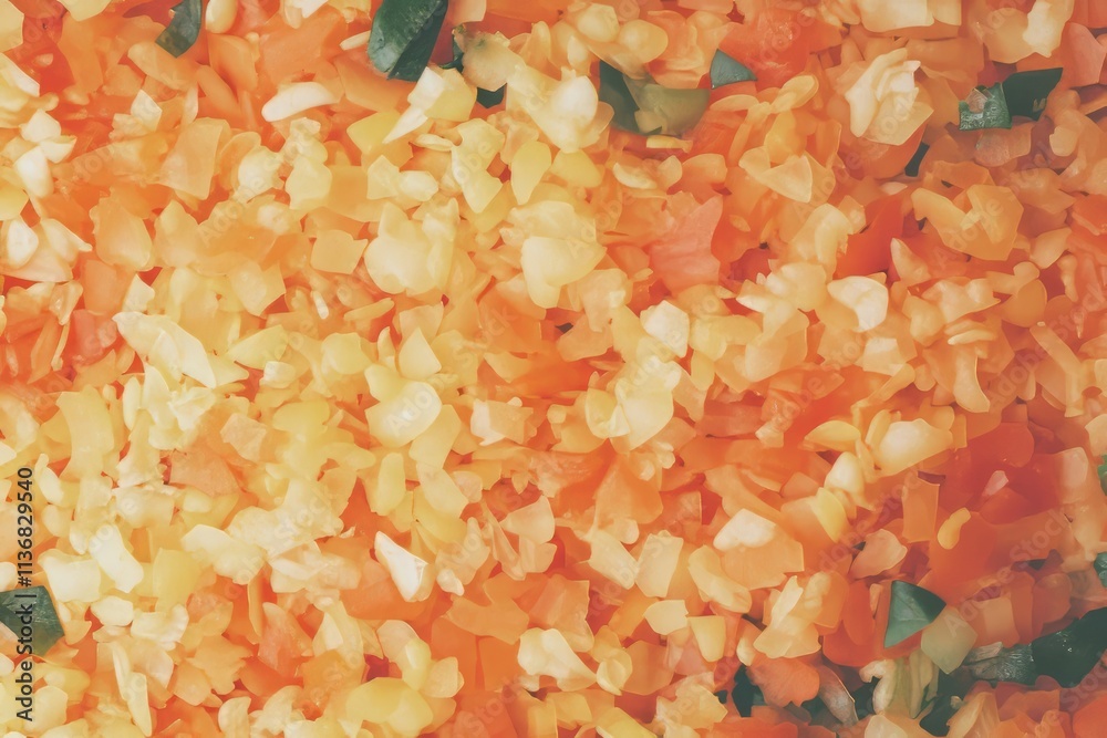 Poster texture pattern of finely chopped bulgur showcasing colorful grains and vegetables in a detailed arr