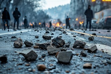 Scattered rocks lie on asphalt during a street protest, suggesting a violent demonstration against authorities