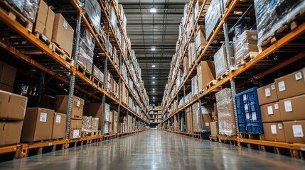 Spacious modern warehouse interior with organized shelves filled with cardboard boxes and pallets, illuminated by bright overhead lights creating a productive environment
