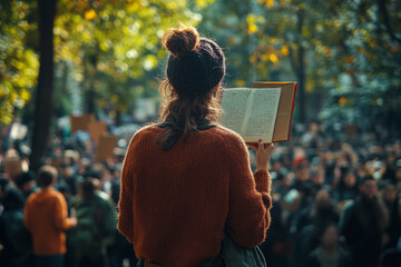 Young woman reading aloud at a protest in a city park, inspiring the crowd with powerful words