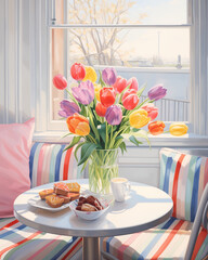 Cup of tea and vase with different color tulips.