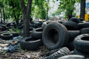 Obraz premium Discarded tires creating environmental damage, highlighting the need for responsible recycling and waste management