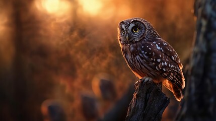 A majestic owl perched on a tree, illuminated by the warm glow of sunset, showcasing its striking features.