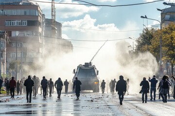 Protesters scattering as water cannon disperses crowd with tear gas in city street during demonstration