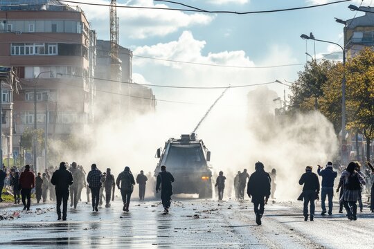 Protesters scattering as water cannon disperses crowd with tear gas in city street during demonstration