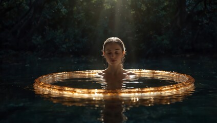 A woman is submerged in water, surrounded by a golden ring. Dark forest scenery is visible in the background.