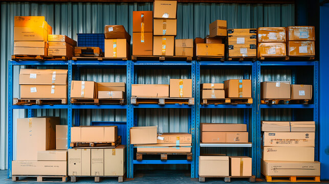 Estanter&iacute;as azules con cajas organizadas en almac&eacute;n log&iacute;stico