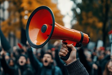 Protester using megaphone during protest march in urban environment