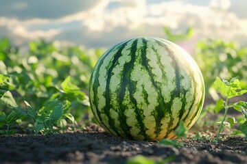 Ripe watermelon growing in a field at sunset, ready for harvest