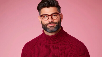 Fototapeta premium Retrato de hombre con suéter rojo y gafas frente a fondo rosa