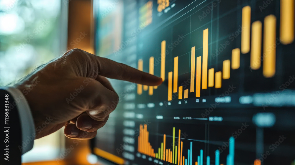 Poster hand pointing at colorful data visualization on a computer screen in a modern office setting during 