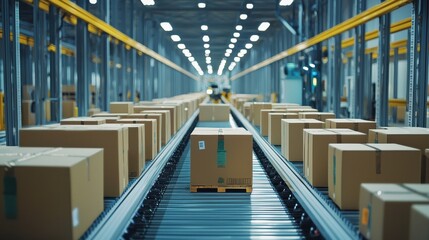 Efficient Warehouse Environment with Automated Conveyor System Transporting Brown Cartons in a Modern Logistics Facility