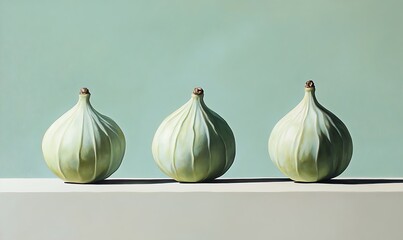 Obraz premium Three Green Figs Arranged on a Pale Surface