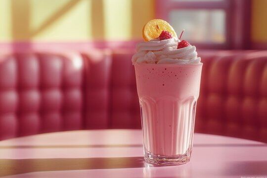 Refreshing pink milkshake topped with whipped cream, raspberries, and a lemon slice, served on a pink table in a vibrant diner setting