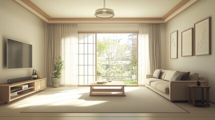 Sunlit minimalist living room with beige sofa, wooden furniture, and shoji screen.
