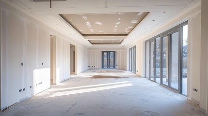 Obraz premium A modern home interior under construction, with drywall and a ceiling in place. 