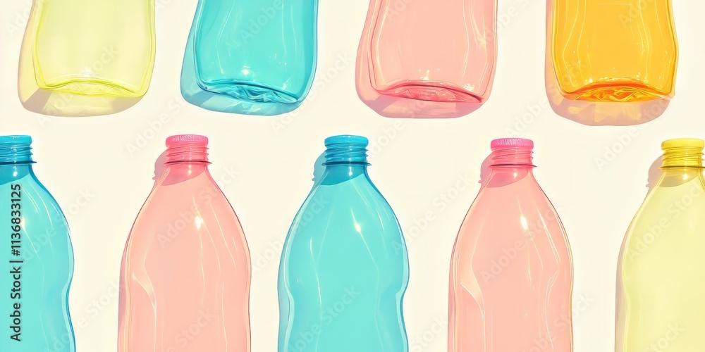 Poster Vibrant pattern of colorful plastic bottles arranged artistically on a light background