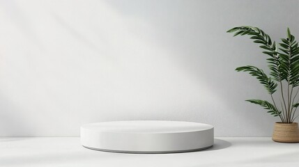Minimalist plain white background for product display with a round podium