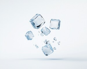 Floating ice cubes against a light background, creating a refreshing and cool atmosphere.
