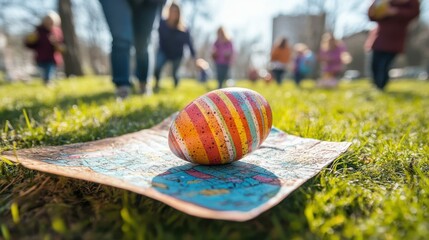 Colorful striped Easter egg resting on map outdoors with blurred people walking in background perfect for spring holiday events garden decorations bright sunny day festive celebration