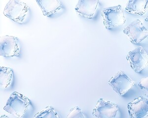 A circular arrangement of ice cubes on a light blue background creates a refreshing and cool atmosphere.