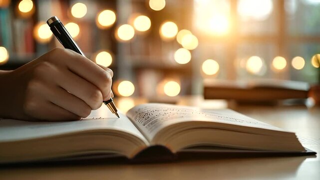 1_Student Writing Notes in University Library with Warm Lighting