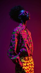 African american female in 80s fashion with neon geometric patterns and sunglasses