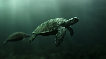 Obraz premium Two majestic green sea turtles swimming gracefully in an underwater ecosystem.