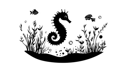 Seahorse hitching a ride on floating seaweed, Animal Illustration