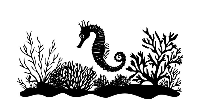 Seahorse grasping coral with its prehensile tail, Animal Illustration