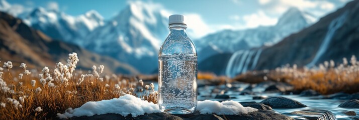 Sparkling mineral water bottle in pristine mountain landscape