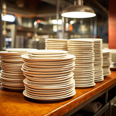photo stack of plates in a commercial kitchen