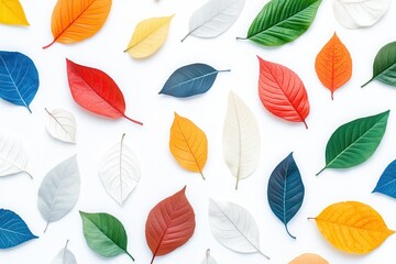 Fototapeta premium A vibrant arrangement of various colorful leaves on a white background, showcasing autumn's beauty and variety.