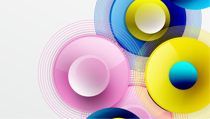 Sleek vector design with overlapping circles in vibrant colors and smooth gradients. Dynamic composition with depth, symmetry, and minimalistic elegance on a light background