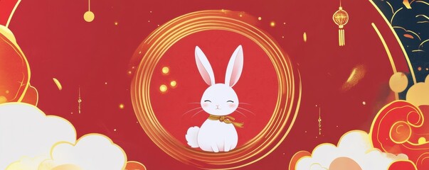 Obraz premium Cute white rabbit in a dreamy cloudscape with festive red background