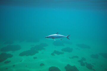 Fototapeta premium Serene Underwater Scene Featuring a Majestic Fish Swimming Above the Ocean Floor