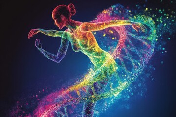 Vibrant female silhouette entwined with a colorful DNA double helix