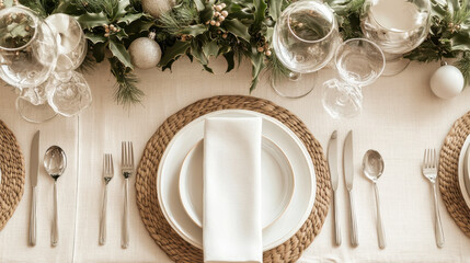Elegant dining table setting with greenery, candles, and woven placemats for special occasions