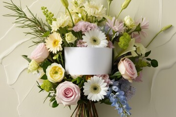 Elegant bouquet of fresh flowers with a white label, perfect for branding or personal messages, set against a neutral background