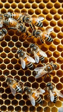 op-View of Honeycomb with Bees in Action and Glistening Amber Honey