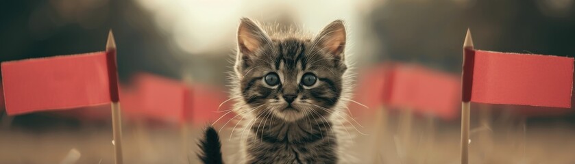 Fototapeta premium A curious kitten stands between two small red flags, set against a soft, blurred background that enhances its playful appearance.