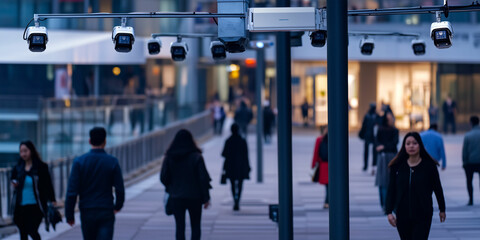 Urban pedestrians walking through a modern shopping district during evening hours with surveillance cameras