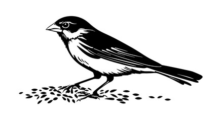 Obraz premium Sparrow hopping along the ground, pecking at seeds scattered on the earth, Animal Vector Graphic
