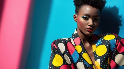 Vibrant 80s style: african female model in colorful polka dot blazer against blue and pink background
