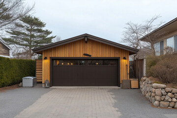 Fototapeta premium Modern wooden garage with stone landscaping and serene surroundings in a residential area
