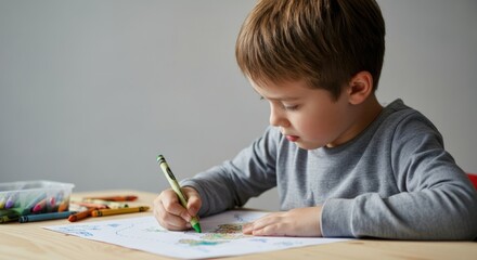 Caucasian young male child coloring with crayons at wooden desk