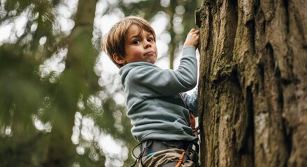 Young caucasian boy climbing a tree in forest adventure