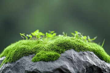 Fototapeta premium Close-up of lush green moss covering a rock, creating a peaceful natural setting.