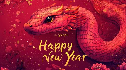 Obraz premium Red dragon snake, Happy New Year 2025 greeting card.