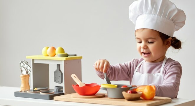 Caucasian female child chef enthusiastically cooking with toy kitchen set